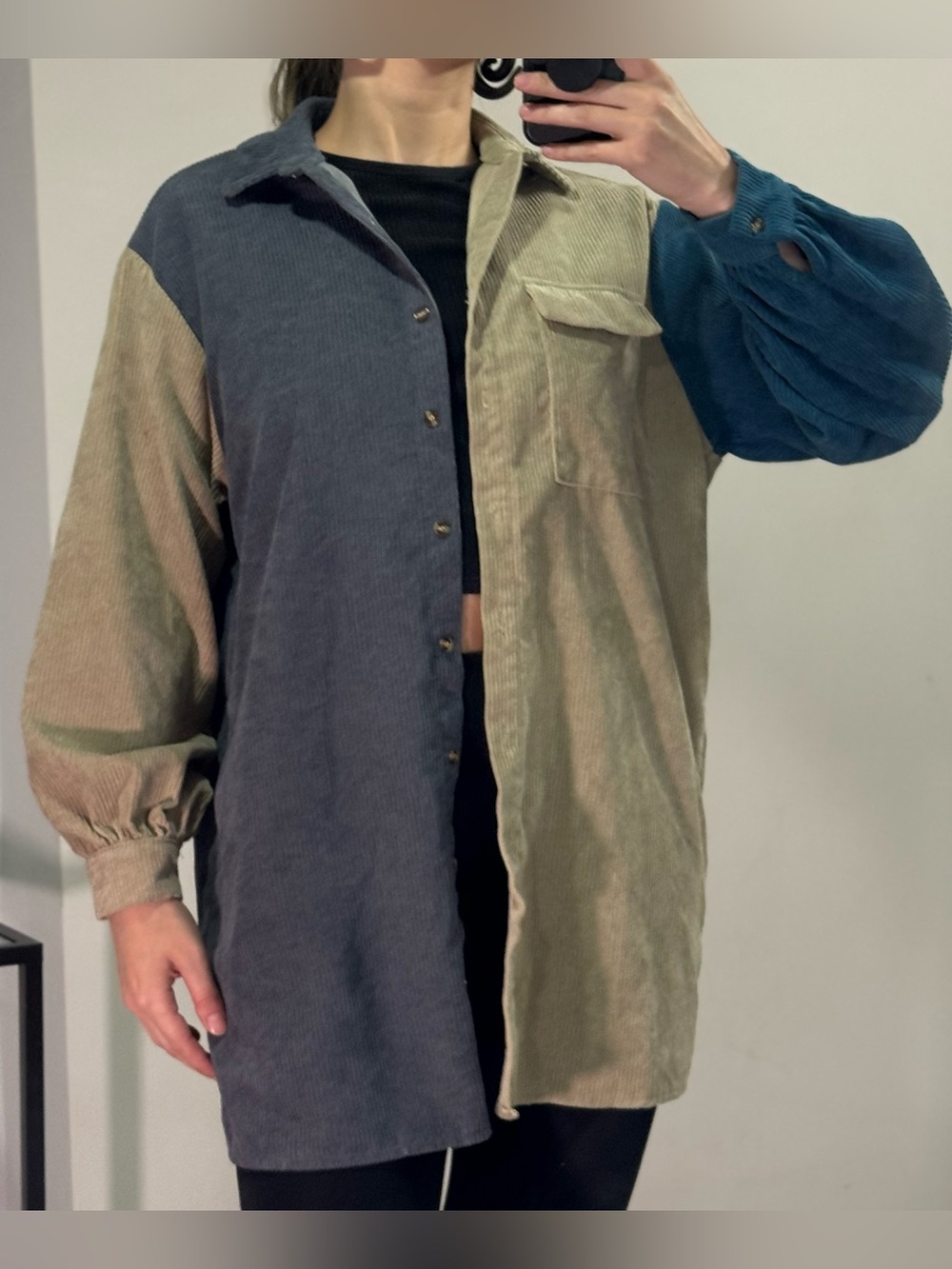 Colorblock Corduroy Button-Up Shirt Jacket - Blue, Olive, Teal